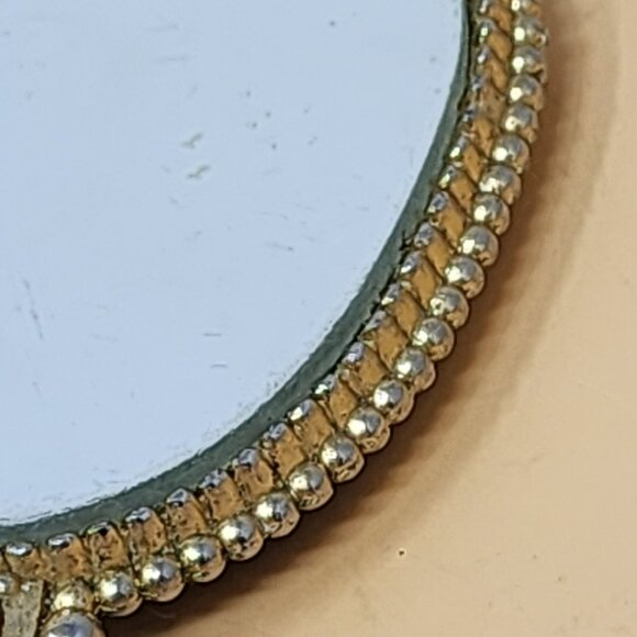 Vintage Handheld Vanity Mirror With Embroidered Pink Roses & Gold Beaded Trim - Picture 7 of 9